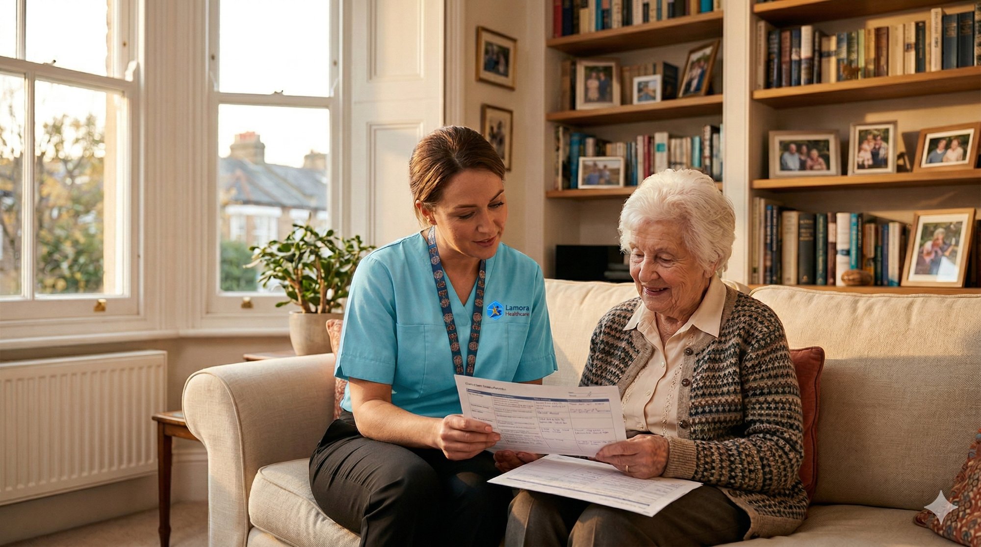 Lamora Healthcare nurse-led carer with elderly client reviewing care plan at home