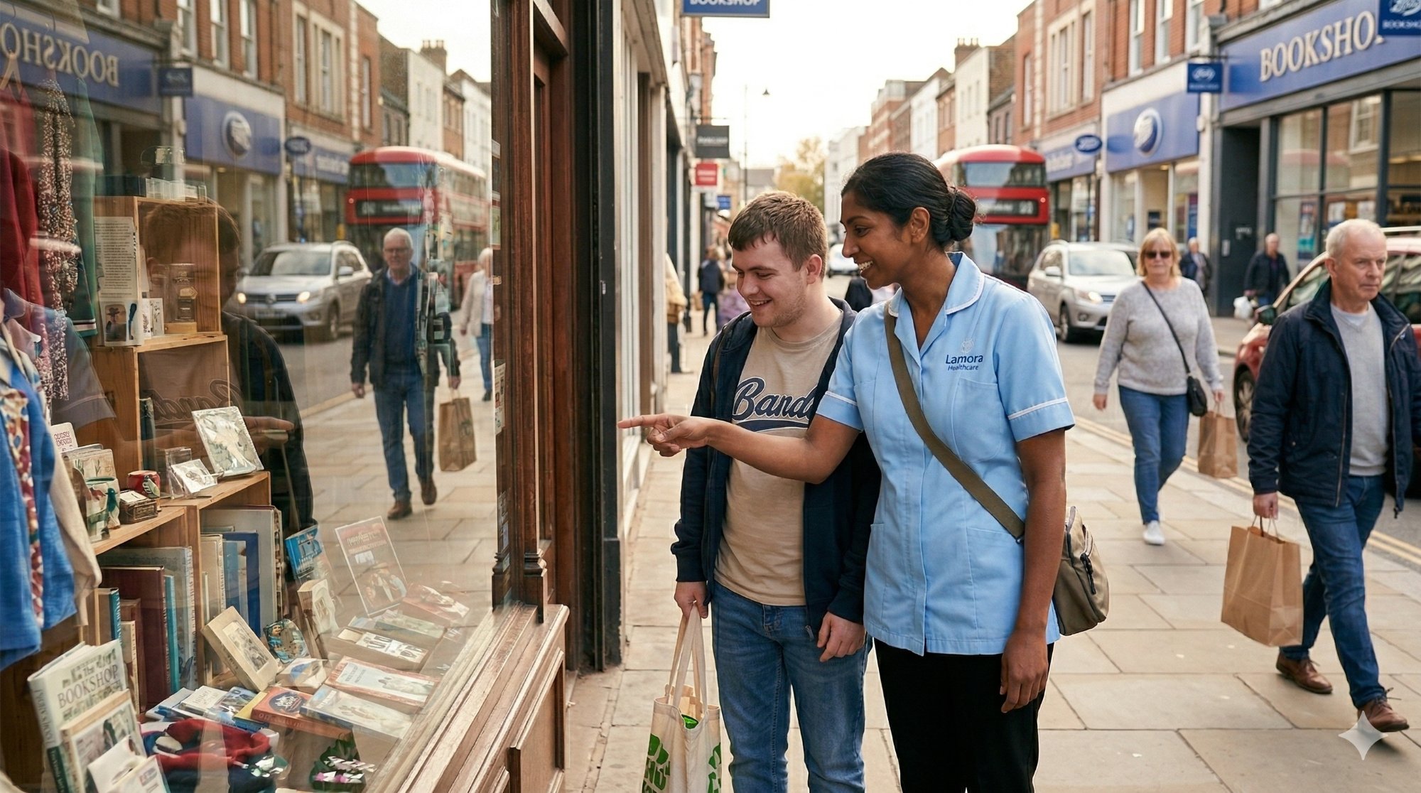 Lamora Healthcare support worker with client in Bedfordshire community